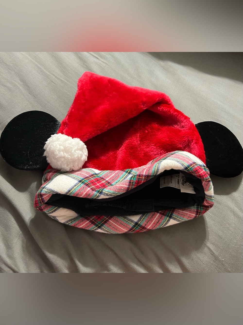 Disney Red Plush Holiday Hat with White Pom and Plaid Trim